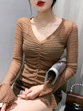Znbbw V-neck Jacquard Flare Long Sleeve T-shirt Women's See Throught Pleated Cropped Slim Fit T Shirts Tops BH1906