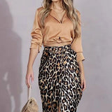Znbbw Sets For Women 2 Pieces Autumn Casual V Neck Full Sleeve Solid Shirt Top Slit Pleated Lace Up Print Skirt Sets Streetwear