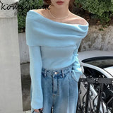 Znbbw Feminino Off Shoulder Slash Neck Sweater Women Long Sleeve Knitwears Spring Spring Y2k Clothes Elegant Pullover Tops