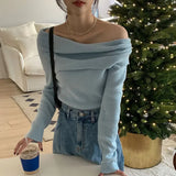 Znbbw Feminino Off Shoulder Slash Neck Sweater Women Long Sleeve Knitwears Spring Spring Y2k Clothes Elegant Pullover Tops