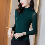 Znbbw Solid Mesh T-Shirts Tees Female Full Sleeve Turtleneck Slim Tshirt Base Simple Tops For Women Spring Fall