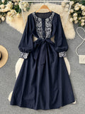 Znbbw Bohemian Lndie Folk Style Dress Women Embroidery Vintage Waist Cotton and Linen Holiday Dress Women Lace Up Long Dress G01