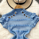 Znbbw Ruffles Short Sleeve Buttons Sweater Jumpers Girls Stretchy Chic Sweaters Pullovers Tops Women Knitted Tee Shirts