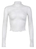 Znbbw Women Sheer Mesh Long Sleeve Top Turtleneck Embroidery Lace Tops Y2k Slim Fit See Through Going Out Tee Shirt Beach Cover ups