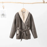 Znbbw Winter Leather Jacket Women 2024 New Female Vintage Lapel Faux Wool Belt Coat Thicken Warm Oversize Highstreet Outwear Top
