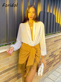 Znbbw High Waist Bodycon Tassel Mini Skirt Women Summer Spring Irregular Slit Brown Short Bowknot Skirt Ladies Bottoms Brown