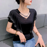 Znbbw Ruffles Mesh T Shirts Women's Short Sleeve Fake Diamonds Crossed V Neck T-shirts Female Elegant Tops Tees BH6038