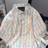 Znbbw Sweet Blouses Short Sleeve Striped Print Aesthetics Shirts Tops Summer Preppy Style All Match Y2k 2000s Girl Clothing