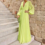 znbbw Women Sexy New Loose Dress Lady Elegant Deep-V Solid Color Draped Maxi Dress Fashion Long Sleeve Temperament Banquet Party Dress 0410