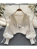 Znbbw Women Autumn Winter Cardigan Design Sense Lantern Sleeve Knitted Versatile Knitting Bow Tie Short Long Sleeve Shawl Top D2156