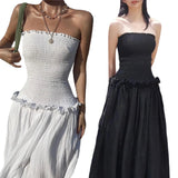Znbbw Women Summer Off Shoulder Ruched Bust Ruffle Trim Tube Top Dress  Ruched Frills Strapless Sleeveless Party Long Dress