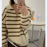 Znbbw retro casual striped pullover sweater knitted pullover women autumn and winter new loose long sleeve wind top women