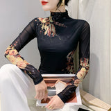 Znbbw New Long Sleeve T-shirt For Women Floral Turtleneck High Stretch Slim TShirts Located Printing Mesh Tops FF0862