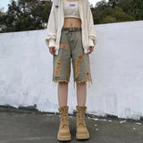 Znbbw Women Vintage Hole Denim Shorts Y2K Hip Hop High Street Jeans Shorts Bf Summer Baggy All Match Wide Leg Short Pants