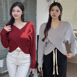 Znbbw Women's long sleeves Knitted Crossover design V-neck Women's sweater