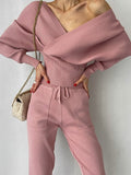 znbbw New Sexy Off Shoulder Knitted Two Piece Set Women Long Sleeve Sport Tracksuit 2 Piece Sweater Pants Suits Matching Sets