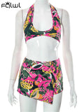 znbbw Summer Sexy Printing 2 Two Piece Sets Club For Women 2023 Halter Crop Top And High Waist Mini Skirts Sets Casual Females