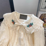 Znbbw Vintage Shirts Small Fragrance Peter Pan Collar Puff Sleeve Blouses Ruffles Lace Up Flower Embroidery Sweet Women Tops