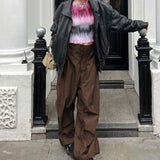 Znbbw Women Casual Baggy Wide Leg Cargo Pants Loose White Low Waist Drawstring Sweatpants Y2K Hip Hop Pocket Streetwear Long Trousers