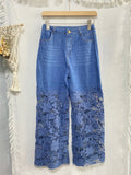Znbbw Elegant Jeans for Women High Waist Lace Patchwork Pantalones Hollow Out Oversized Spring Casual Loose All Match Pants