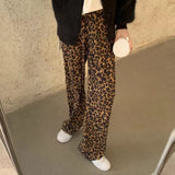Znbbw Leopard Print Women Pants Retro High Waist Zipper Pockets Straight Trousers 2024 Spring Y2k Lady Casual Loose Denim Pant