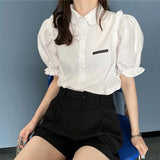 Znbbw Summer Elegant Chiffon Shirt Women Korean Fashion Design Puff Sleeve Tops Y2K Female Casual All Match Shirts New