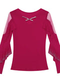 Znbbw Spring Summer T-shirts Women V-neck Ruffles Long Sleeve Solid Mesh Elastic Tops Tees Female Fashion Diamonds T Shirt