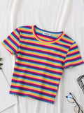 Znbbw T Shirt Women Rainbow Striped Tops Slim Fit t shirt Harajuku Tshirt Summer Short Sleeve Korean T-shirt feminina Clothes Tops