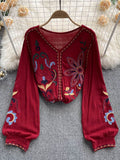 Znbbw Blouse Embroidered Top Spring Summer New V-neck Loose Lantern Sleeves Ethnic Cotton Linen Shirt Tide Female Blusa D1105
