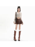 Znbbw Women's Coffee Leather Pleated Skirt Harajuku Y2k 2000s Vintage Mini Skirt 90s Aesthetic Streetwear Fashion A-Line Skirt Clothes