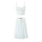 Znbbw Lace Up White 2 Pcs Outfit Women Summer Dress Set 2024 New Beach Cotton Skirt Matching Set Midi Vestido Chic Sundress