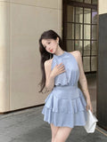 Znbbw Elegant Matching Sets Halter Sleeveless Tops High Waist Ruffles Stitching Mini Skirt Summer Fashion Design Women Clothing