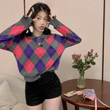 Znbbw Contrast Color Crop Tops Argyle Plaid Turn Down Collar Knitted Pullovers Autumn Winter 2024 Korean Fashion Sweaters