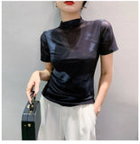 Znbbw Autumn Mesh Tshirts Women Short Sleeve Half Turtleneck Printed Floral Tees Girls Slim Elastic T Shirts Tops BH3878