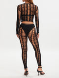 Znbbw Women¡¯s 2 Piece Pants Sets Sexy See-Through Exotic Sets Long Sleeve Hollow Out Crop Tops and High Waist Leggings Set Clubwear