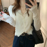 Znbbw Shirts Women Sun Proof Lace Long Sleeve Slim Chic Blouses Korean Fashion V Neck Casual All Match Sunscreen Crop Tops New