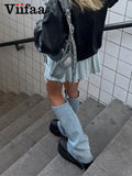Znbbw Light Blue Denim Pleated Sexy Mini Skirt for Women 2023 Going Out Korean Fashion Streetwear Frayed Hem Jean Skirts