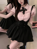 Znbbw Kawaii Sweet Two Piece Set Women Korean Style Y2k Party Skirts Suit Female Pink Puff Sleeve Blouses£«Suspenders Mini Dress