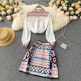 Znbbw Two Pieces Sets Women Clothing Horse Geomery Pattern White Tops and A-Line Pockets Short Skirt 2 Piece Set Party Outfits