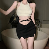 Znbbw Waist Bandage Solid Color with Lining Slim Sexy Split Women's Skirt