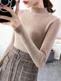 Znbbw Neck Women Sweater Vintage Basic Solid Knitted Tops Casual Slim Pullover Autumn Winter Korean Tops Simple Chic Jumpers