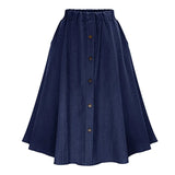 Znbbw Women's High Waist Button Pleated Midi Skirt With Elastic Waist Knee Length Skirt