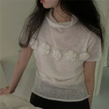 Znbbw Floral Patchwork Ropa Mujer Half High Collar Tops Short Sleeve T Shirt Korean Chic Camisetas Summer Knitted Clothes Women
