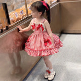 Znbbw Pleated Tutu Skirt Summer Party Clothes Bow Lace Girls Plaid Printing Sleeveless Dress