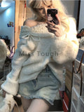 Znbbw Y2k Sexy Knitted Sweaters Women Off Shoulder Pearl Plush Ball Sweet Pullovers Famele Long Sleeves Casual Tops 2024 New