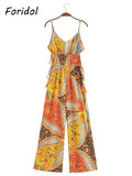 Znbbw Print Bohemian Wide Leg Long Pants Jumpsuit Women Summer New Overalls Spaghetti Strap Loose Casual Boho Jumpsuit Tassel