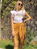 Znbbw High Waist Bodycon Tassel Mini Skirt Women Summer Spring Irregular Slit Brown Short Bowknot Skirt Ladies Bottoms Brown