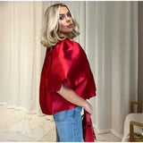 Znbbw Satin White Short Shirts 2024 Spring Summer Fashion Loose O-neck Puff Sleeves Female Blouses Lady High Street Tops New