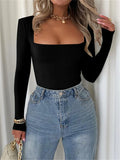 Znbbw Pad Shoulder Long Sleeve Crop Tops Women Autumn Casual Slim Fit T-shirt Party Office Street Square Neck Pullover Tops