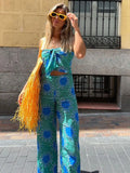 Znbbw Printed Wide Leg Pants Suit For Women Strapless Bow Crop Top Casual Trousers Two Pieces Set Summer Ladies High Street Sets